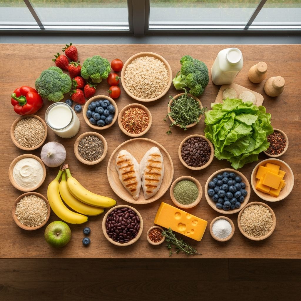 Diverse variety of fresh foods including vegetables, fruits, grains, and proteins